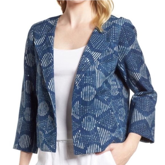 Eileen Fisher Open Hand Printed Indigo Jacket Blazer Small Petite Art To Wear - Picture 1 of 11